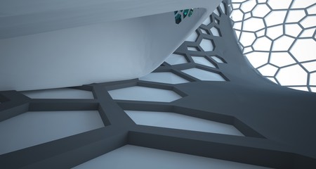 Fototapeta premium Abstract white, black and colored gradient glasses interior multilevel public space with window. 3D illustration and rendering.