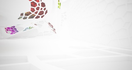 Abstract white and colored gradient glasses interior multilevel public space with window. 3D illustration and rendering.