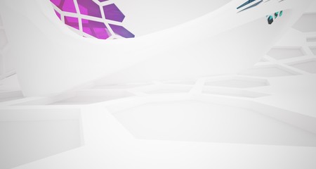 Abstract white and colored gradient glasses interior multilevel public space with window. 3D illustration and rendering.