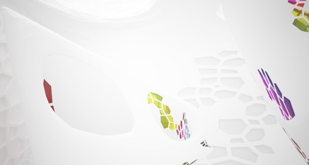 Abstract white and colored gradient glasses interior multilevel public space with window. 3D illustration and rendering.