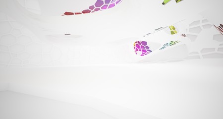 Abstract white and colored gradient glasses interior multilevel public space with window. 3D illustration and rendering.