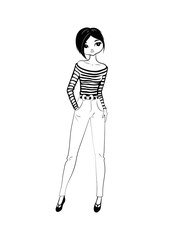 Hand drawn beautiful Girl in jeans. Fashion cute girl. Coloring page. Vector illustration