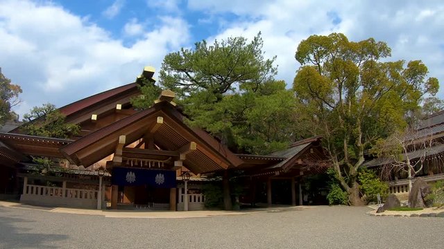 Timelapse. Kagura-den Hall at Atsuta-Jingu Shrine in Nagoya, Aichi, Japan. Zoom Out