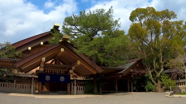 Timelapse. Kagura-den Hall at Atsuta-Jingu Shrine in Nagoya, Aichi, Japan. Circa March 2019