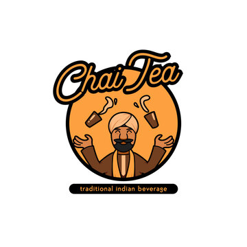 Traditional Indian Beverage, Chai Tea Logo Icon With Indian Wear Turban Mascot Character Welcome Cartoon Style