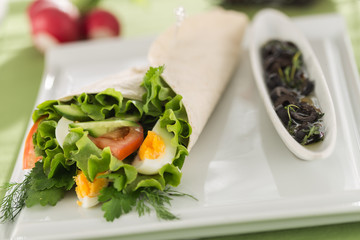 homemade delicious vegetarian tortilla wrap, tortilla roll 