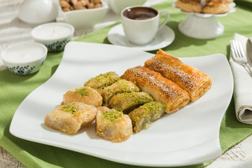 Turkish traditional food ramadan festival baklava and borek with Turkish coffee