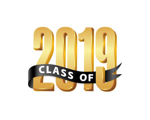 Class of 2019 Gold Lettering Graduation 3d logo with ribbon. Template for graduation design, party, high school or college graduate, yearbook. Vector illustration