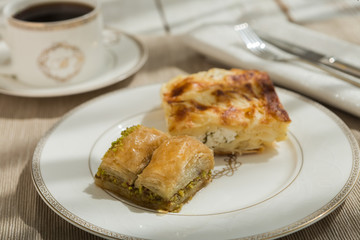  Turkish food and desserts served to guest on bayram or ramadan festival baklava and borek 
