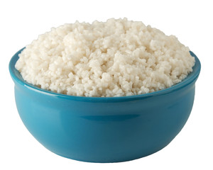 Blue plate full of white boiled rice with slide isolated on white