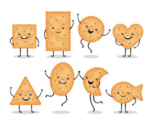 Cute smiling cracker chips different shapes isolated on white background. Happy biscuit cookies characters, doodle snack - vector illustration