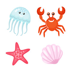 Red crab and starfish, cute jellyfish vector. Tropical characters with faces, shell mollusk marine dwellers. Pink and blue oceanic creatures seafood