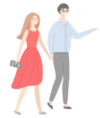 Male and female in love, guy in glasses, lady in red dress, people in casual cloth walking and flirting. Man and woman holding hands vector isolated couple