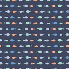 Seamless repeat of hand drawn small fish on a dark blue background. Cute sea life vector pattern ideal for children.