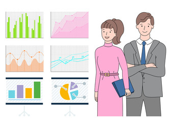 Information in visual representation vector, man and woman dealing with structural information concerning business results, businessman and businesswoman