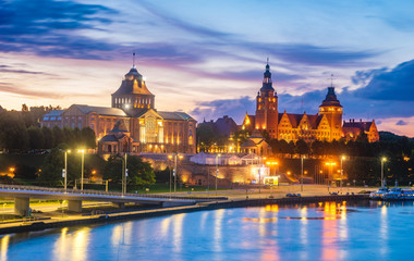 Panoramic view of Szczecin (Stettin) City at night - obrazy, fototapety, plakaty