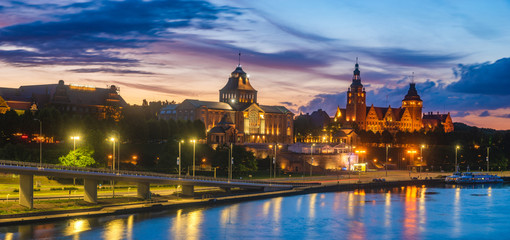 Panoramic view of Szczecin (Stettin) City at night-panorama - obrazy, fototapety, plakaty