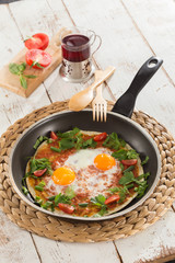 Turkish Breakfast, scrambled egg on pan and 