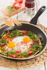 Turkish Breakfast, scrambled egg on pan and 