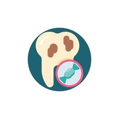 Obraz premium Unhealthy tooth flat icon. Round colorful button, Bad tooth and candy sweets circular vector sign. Teeth caries flat style design