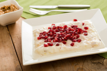 Traditional milky dessert Gullac, usually make in Ramadan with Gullac pomegranate seeds