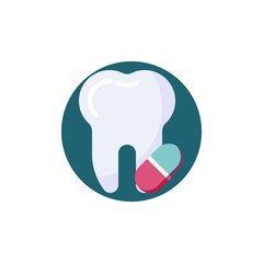 Tooth care medicine flat icon. Round colorful button, Tooth and pill circular vector sign. Toothache painkiller tablet flat style design