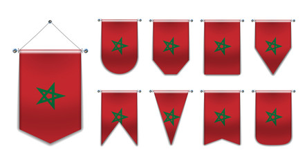 Set of hanging flags of the MOROCCO with textile texture. Diversity shapes of the national flag country. Vertical Template Pennant for background, travel banner, logo,award, achievement, festival