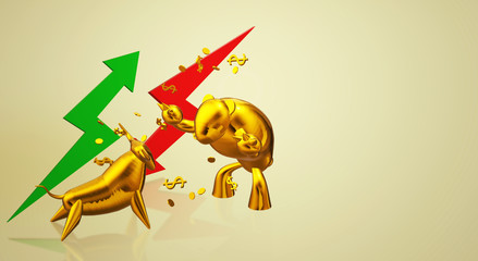 3d rendering gold bull and bear business content.