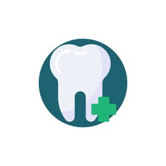 Add tooth plus flat icon. Round colorful button, Dental tooth with medical cross circular vector sign. Flat style design
