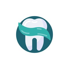 Tooth and toothpaste flat icon. Round colorful button, Dental care circular vector sign. Tooth protection flat style design