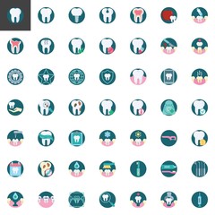 Dental care elements collection flat icons set, Colorful symbols pack contains- Healthy, sensitive tooth, Implant, Caries, Dentistry, stomatology, Dentist tools. Vector illustration. Flat style design