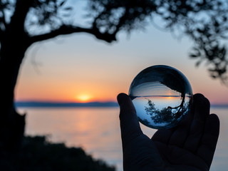 Sunset through glass sphere and olive tree branches at the beach of Cres