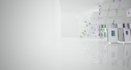 Abstract white and colored gradient glasses interior multilevel public space with window. 3D illustration and rendering.