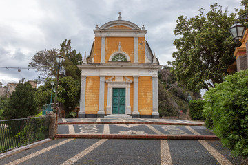 Portofino Italy. 04-29-2019. Colored church at  Portofino, Italy