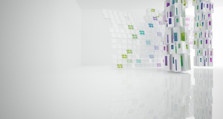 Abstract white and colored gradient glasses interior multilevel public space with window. 3D illustration and rendering.