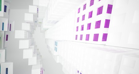 Fototapeta premium Abstract white and colored gradient glasses interior multilevel public space with window. 3D illustration and rendering.