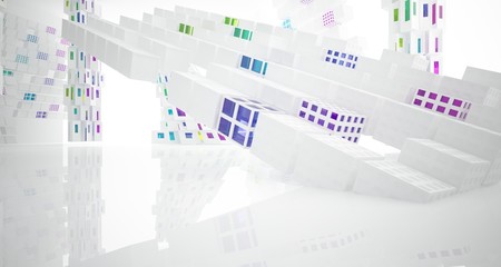 Abstract white and colored gradient glasses interior multilevel public space with window. 3D illustration and rendering.