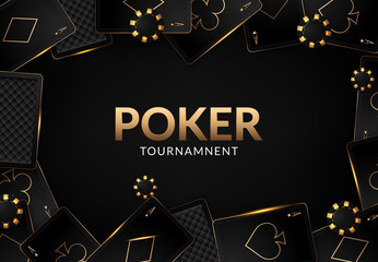 Playing cards and poker chips casino concept on dark background - obrazy, fototapety, plakaty