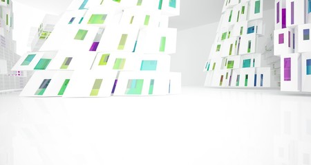 Abstract white and colored gradient glasses interior multilevel public space with window. 3D illustration and rendering.