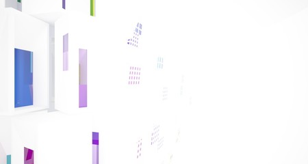 Abstract white and colored gradient glasses interior multilevel public space with window. 3D illustration and rendering.