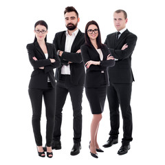 team work concept - young business people in black suits isolated on white