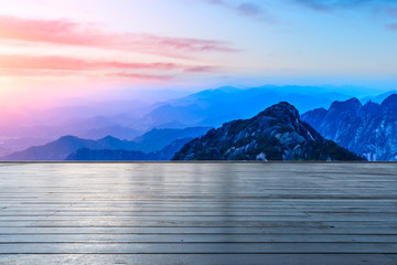 Empty wooden board square and beautiful huangshan mountains nature landscape