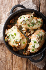 Baked chicken breast with mushrooms, green onions, mozzarella and parmesan close-up in a pan. Vertical top view