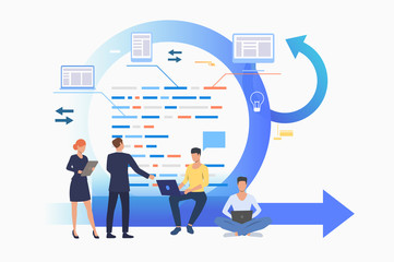 Teem discussing project at Kanban board. Scrum meeting, conversation, working on laptop. Business concept. Vector illustration can be used for presentation slides, landing pages, posters