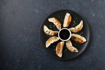 Original Japanese dumplings Gyoza with chicken and vegetables.Top view. Flat lay. Dark blue backgrund.