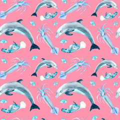 watercolor drawings on the theme of the ocean, the sea - seamless pattern