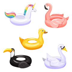 Set of various swimming inflatable ring in the shape of flamingo, unicorn, duck, swan and toucan. Vector illustration.