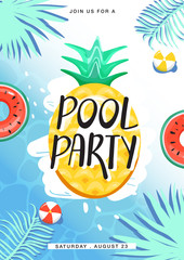 Pool party invitation poster. Various inflatable swimming pool rings in swimming pool. Creative lettering, water surface and palm leaves. Summer rest and vacation. Vector illustration.
