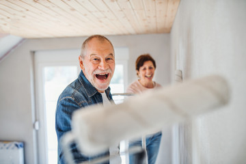 Senior couple painting walls in new home, having fun. Relocation concept.