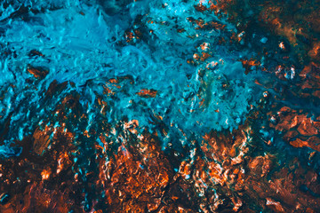 Naklejka na ściany i meble Abstract art texture background. Mountain lake design. Beautiful blue and brown paint splash with marbled effect.